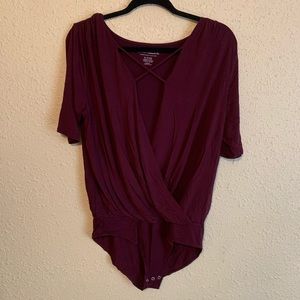 Maroon Short Sleeve Criss Cross Deep V Bodysuit